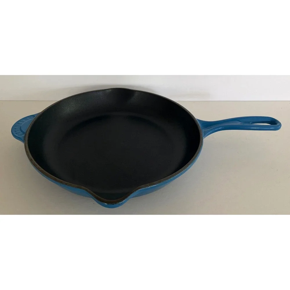 Le Creuset Marseille Blue Enameled Cast Iron Skillet Fry Pan Double Spout 26cm